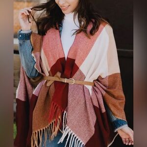 NWT Siizu Causebox Wrap Shawl Poncho Red Plaid W/Fringe One Size